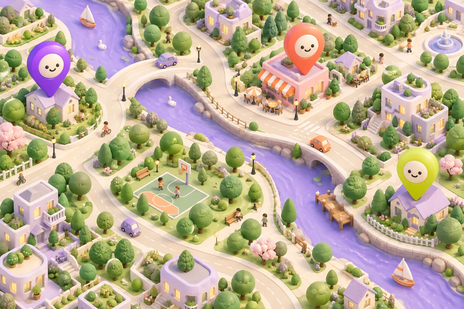 Bairro em miniatura com parques, café, um rio lilás e pins de localização sorridentes